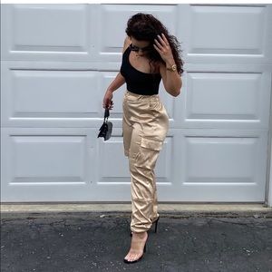 High Waist Satin Cargo Joggers